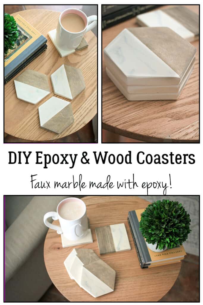 Collage of pictures of the wood and epoxy coasters in hexagon shapes with words typed through the middle of the picture says DIY Epoxy and Wood Coasters - Faux Marble made with epoxy!