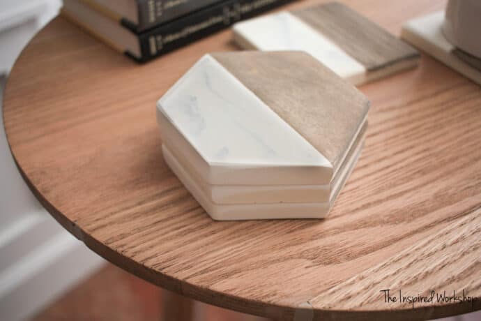 Wood and Marble Epoxy Coasters stacked on a table completed