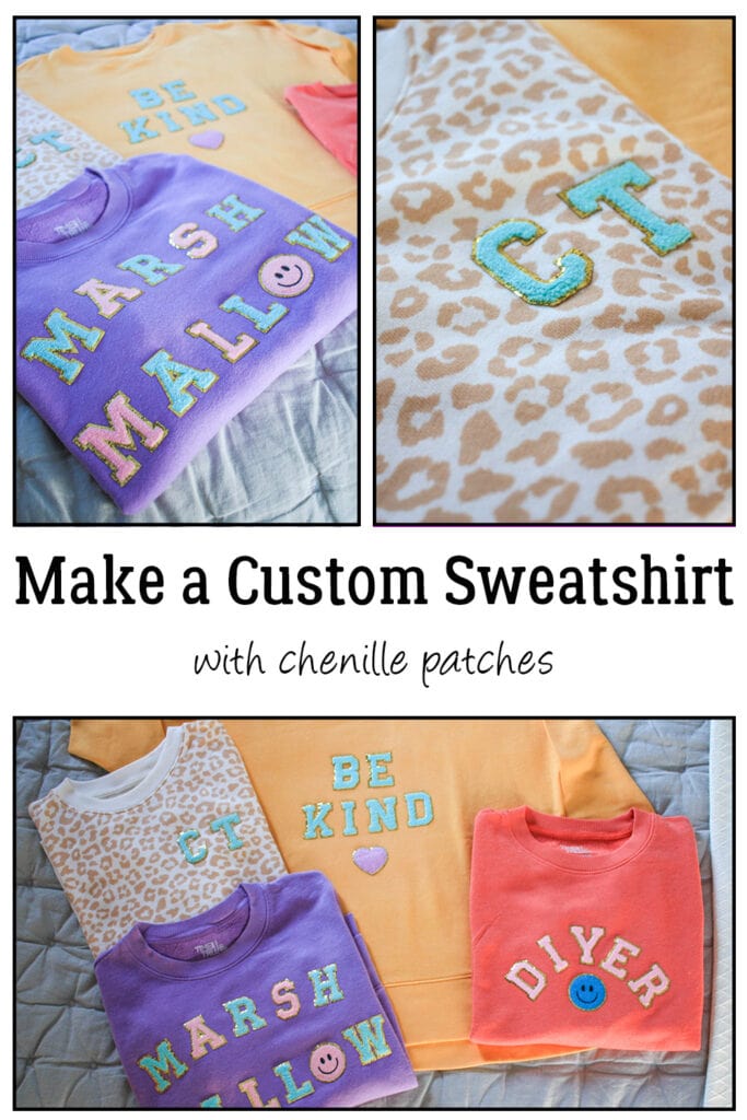 Make a custom sweatshirt with chenille patches collage of photos of the sweatshirts I made