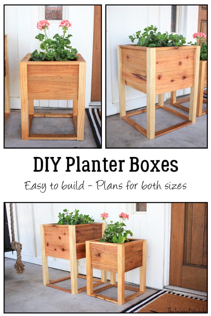 Collage picture of the planter boxes with writing through the middle of the collage that says DIY planter boxes easy to build - Plans for both sizes