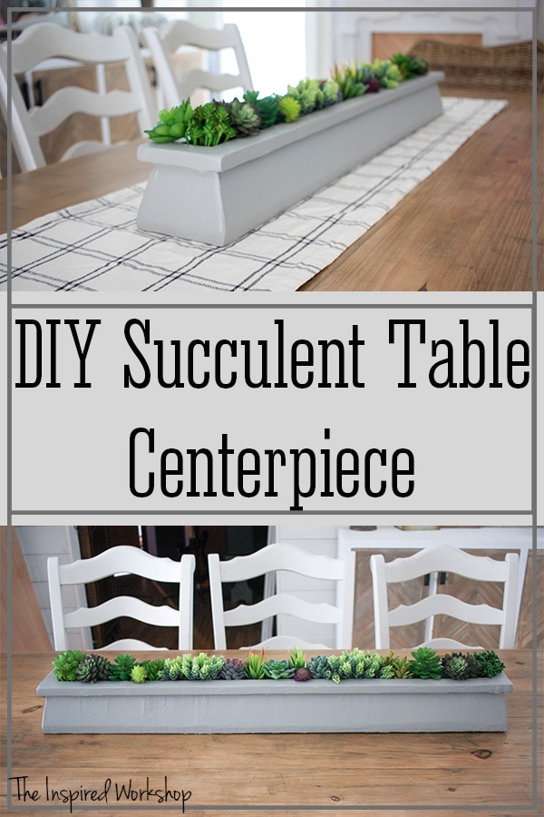 DIY Succulent Table Centerpiece on the table shown with and wothout a table runner under it from different angles