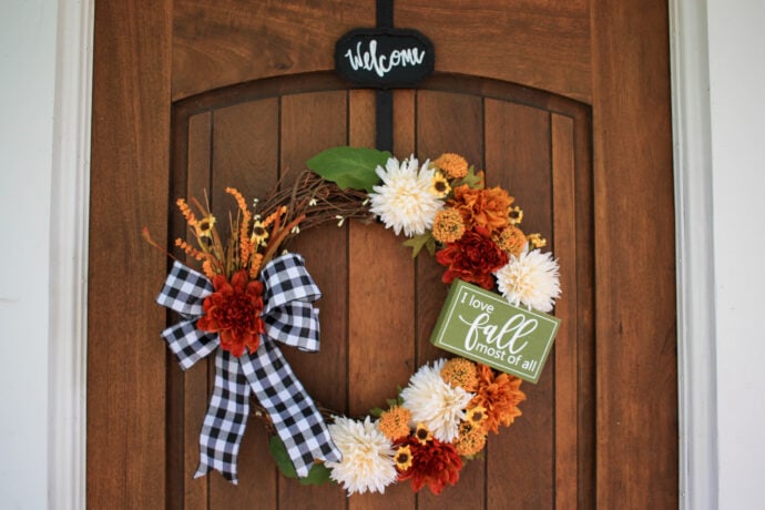 Fall grapevine wreath with black and white bow