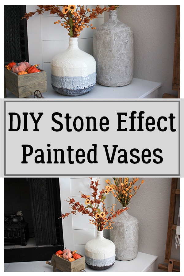 DIY Stone Effect Painted Vases made using baking soda and paint and the joint compound method to acheive the faux stone look on old glass jugs