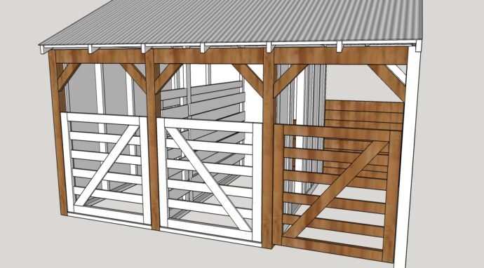 showing the goat house from the outside but focusing on the divider on the inside of the goat shed