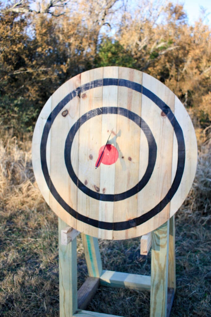 Axe throwing target with axe in the bullseye
