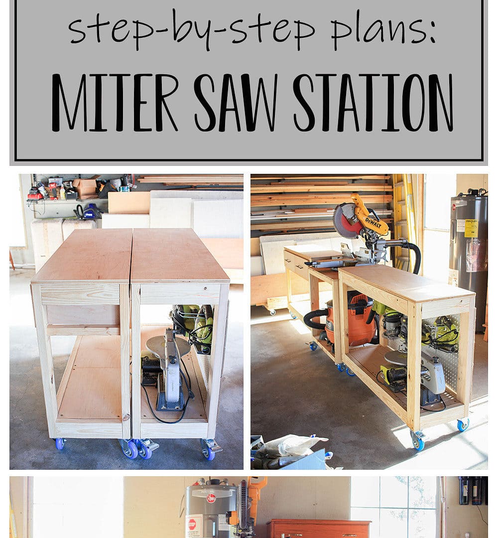 this awesome DIY miter saw station is perfect for any workshop as it is slim to save space and completely mobile to create a larger workspace! Easy to build miter saw stand and two side tables!