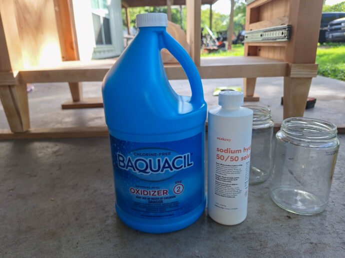 picture of Baquacil and sodium hydroxide for bleaching wood.