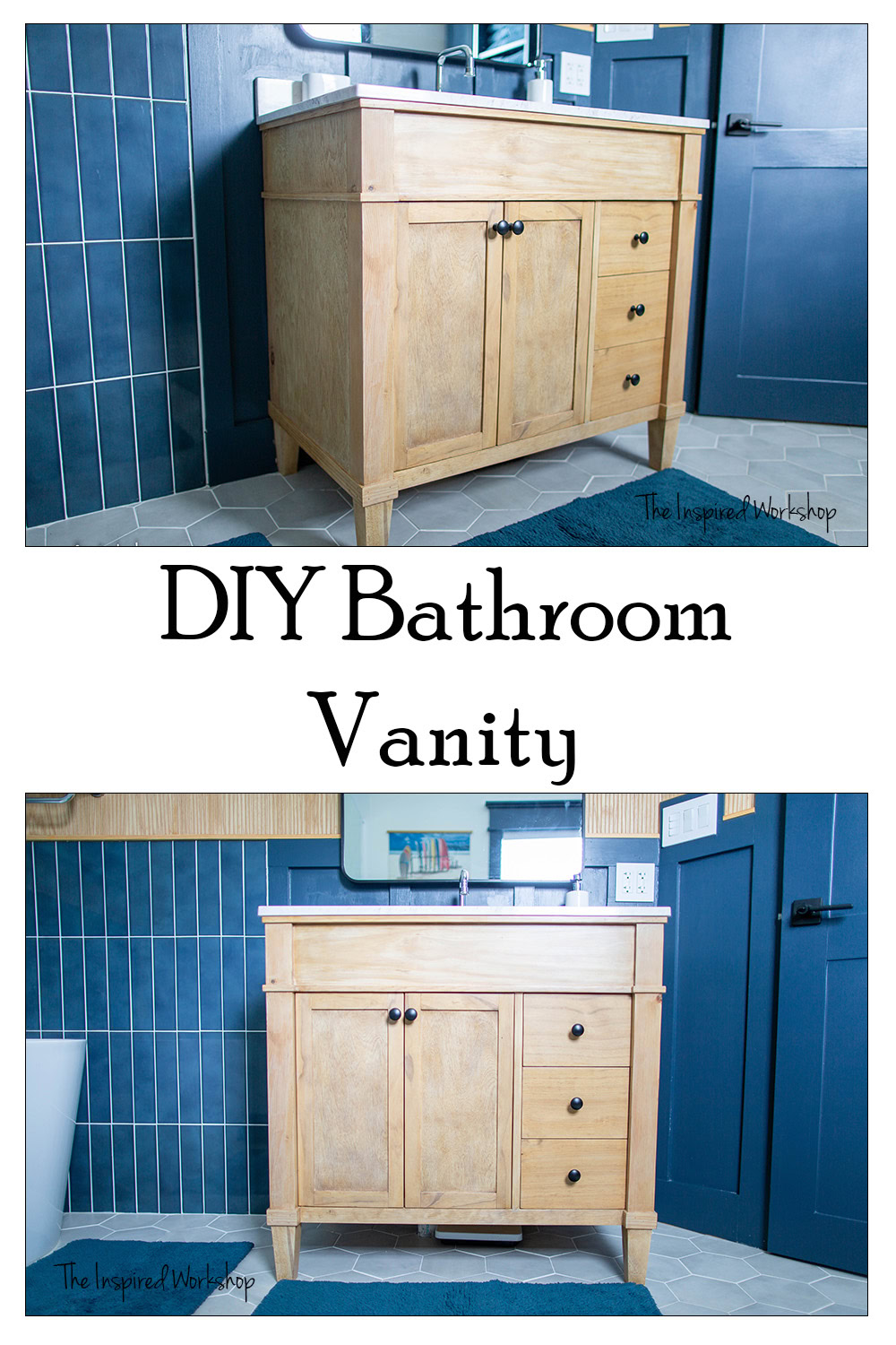 light wood vanity with navy blue walls of tile and board and batten