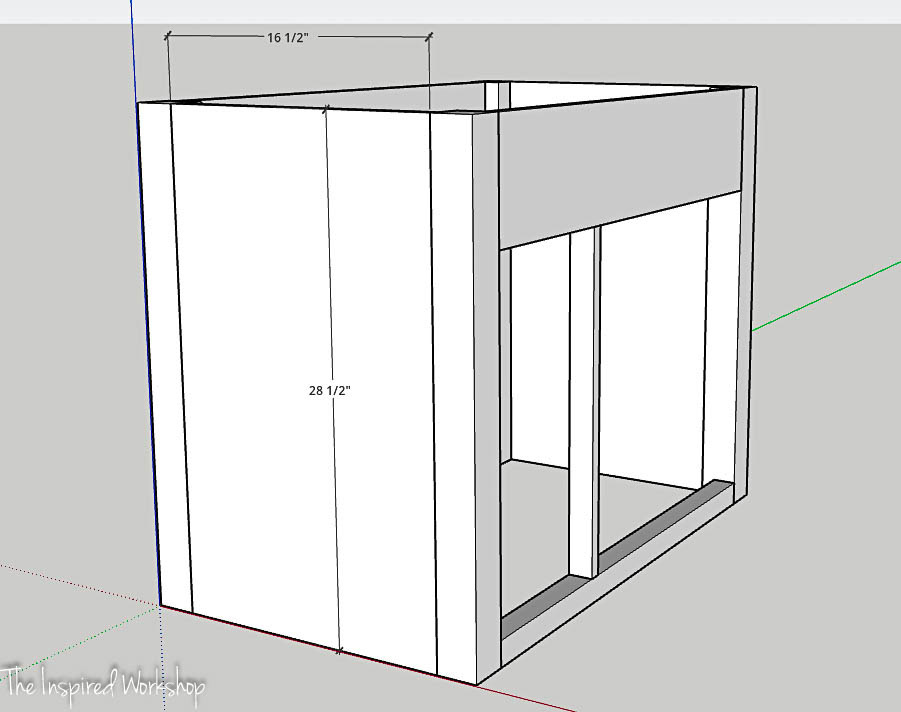 side boards attaching the front frame of the vanity to the back frame of the vanity