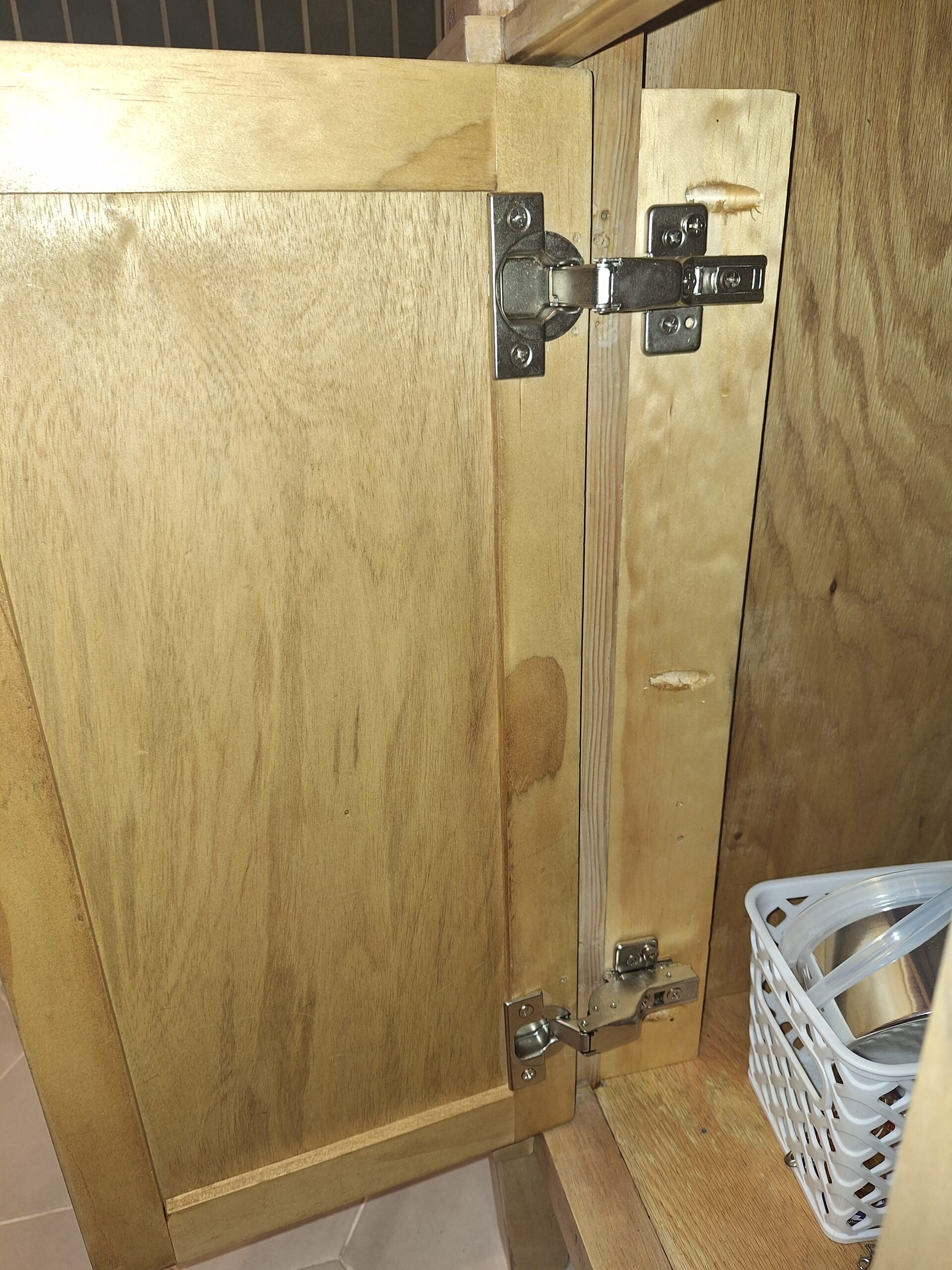 Vanity door showing the hinges and how they are attached to the vanity