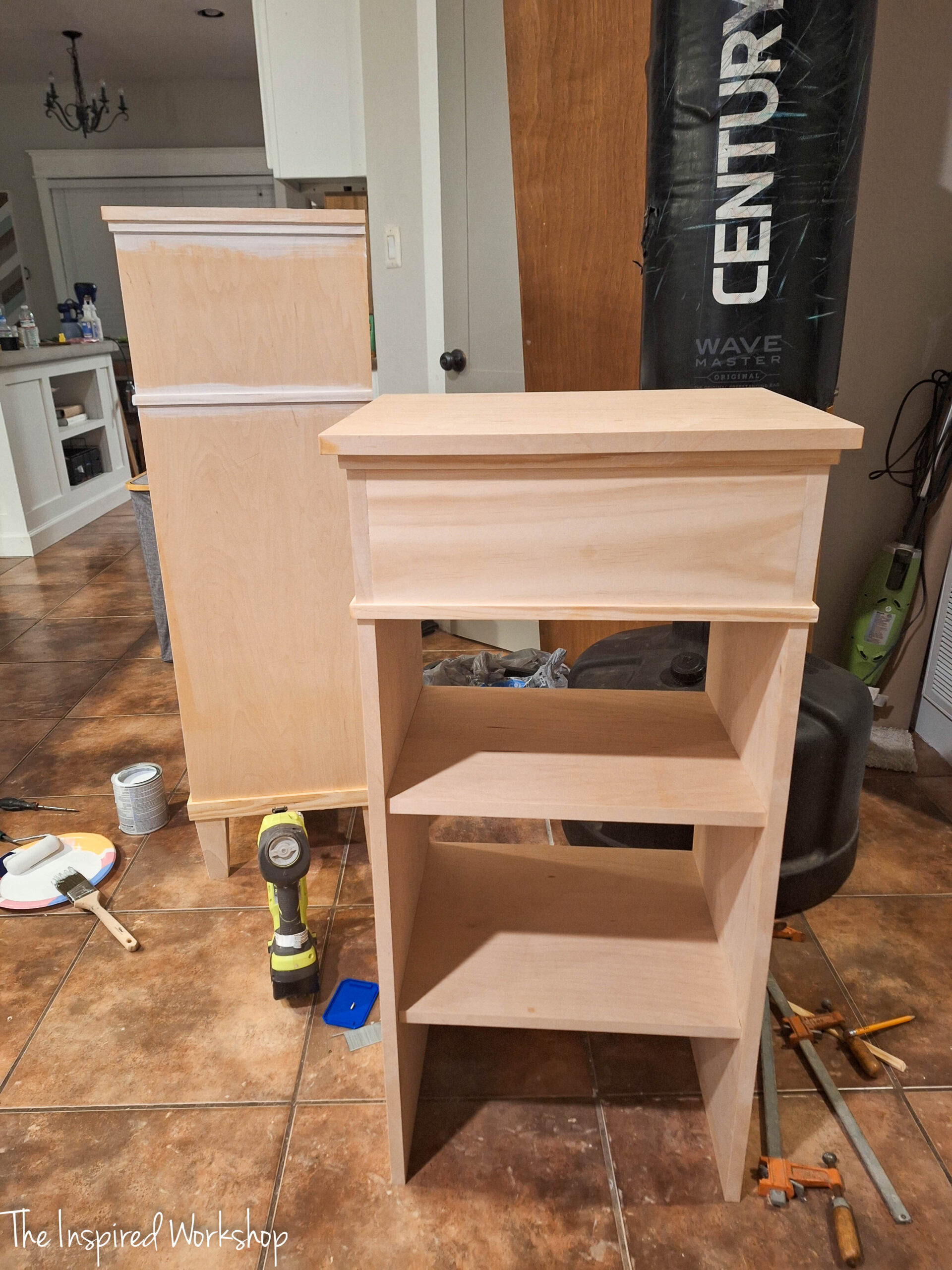 shelves for the linen cabinet in the process of being built