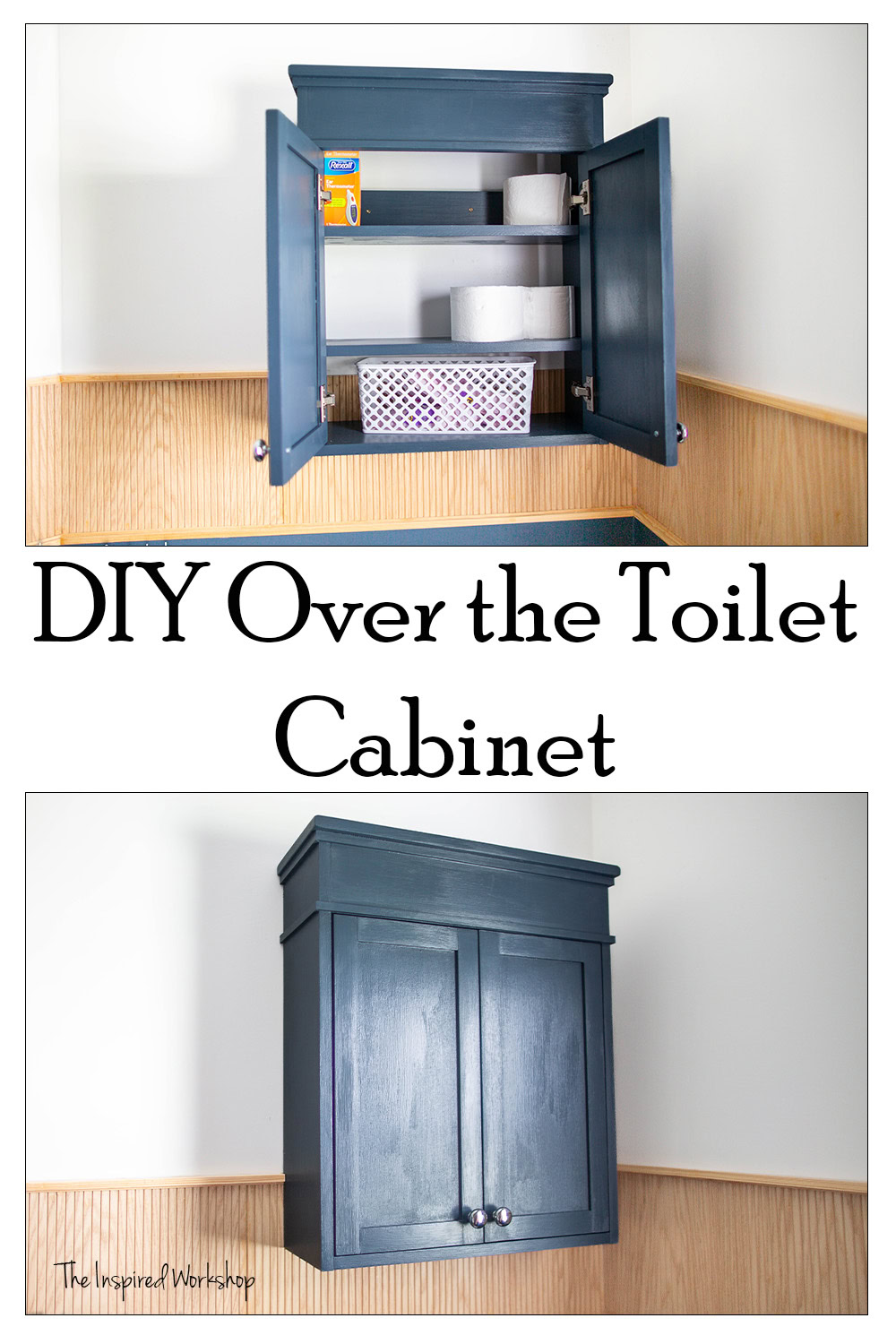 Navy blue over the toilet cabinet shown with both doors open and then a pic with both doors closed.