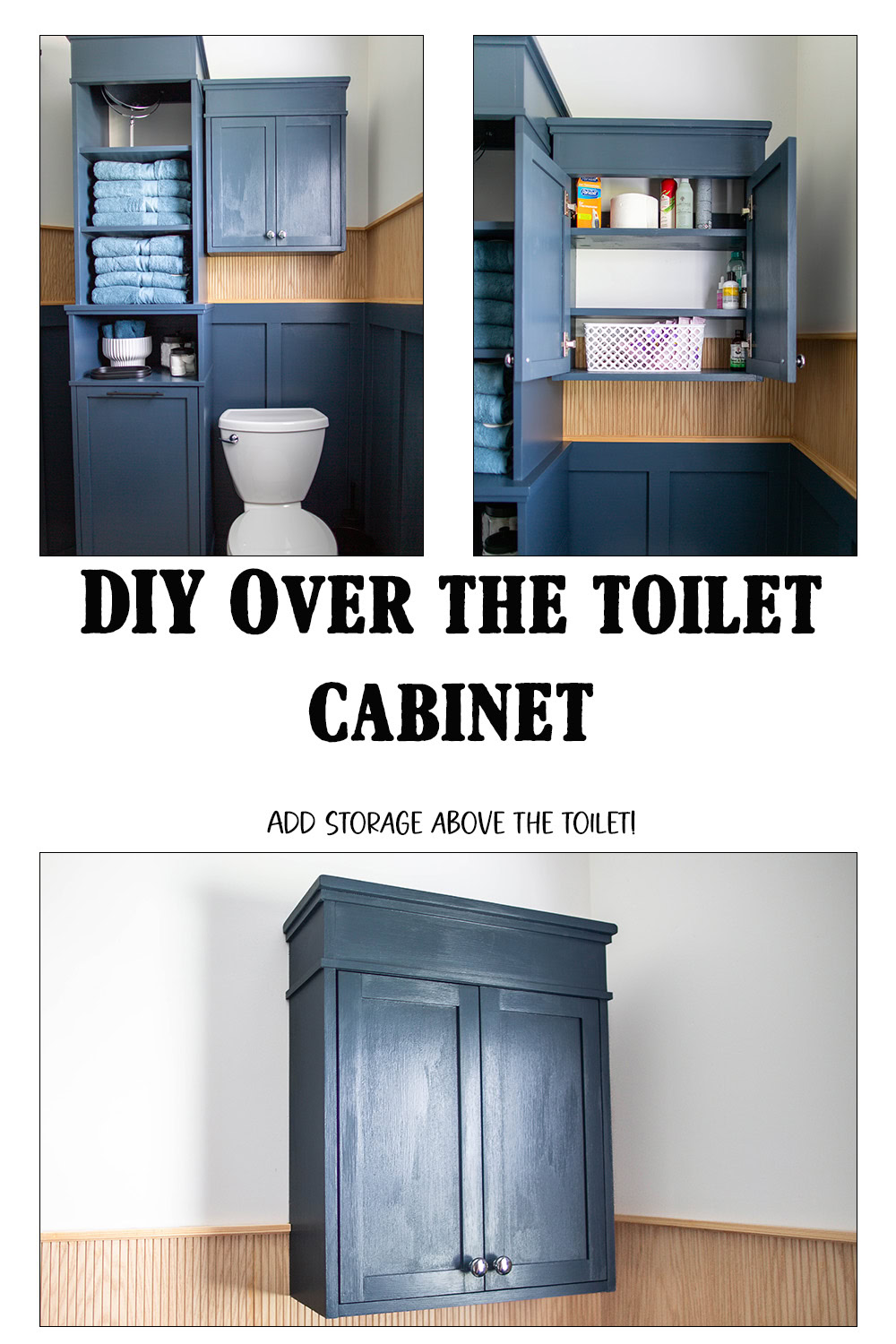 over the toilet cabinet painted navy blue and shown from multiple angles on the wall