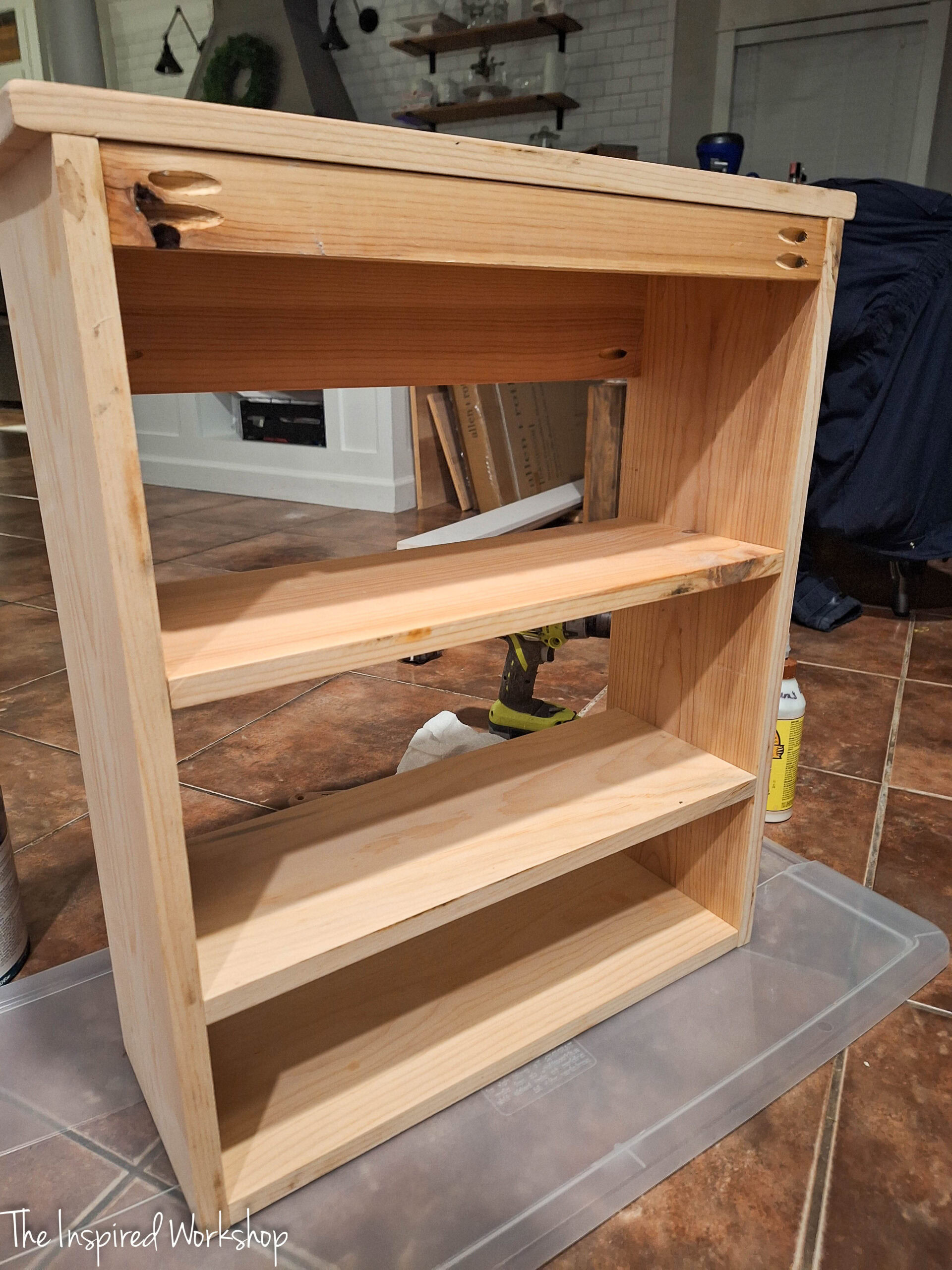 back view of the over the toilet cabinet being built