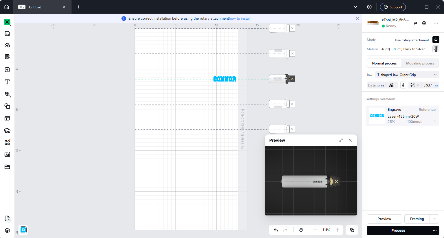 Screenshot of the xtool studio settings when engraving the tumbler