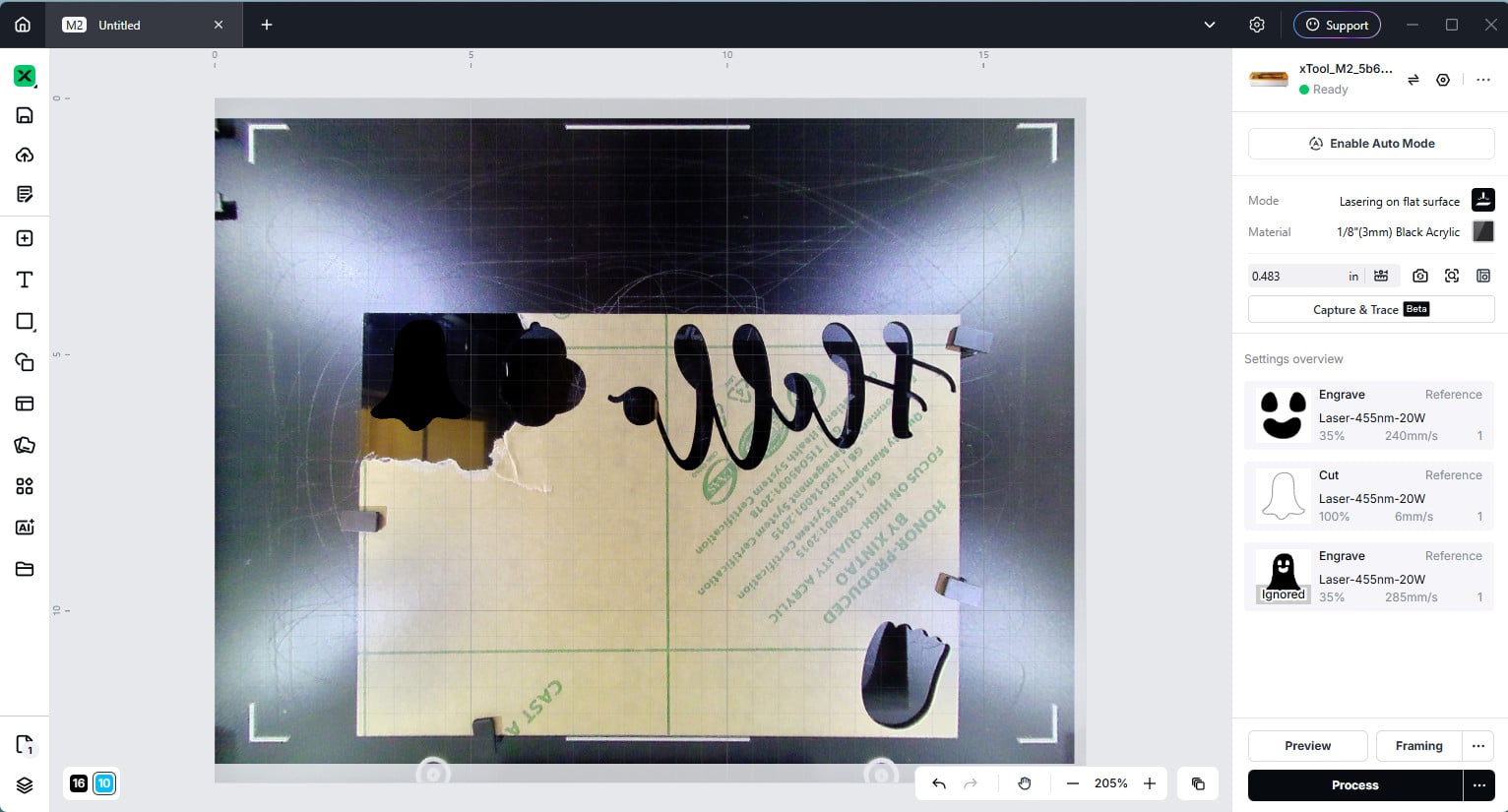 screenshot of the settings to cut black acrylic with the xtool m2